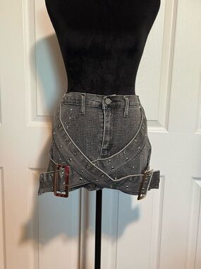 Gray Denim Mini Skirt silver stones and with Belt Buckle Detail